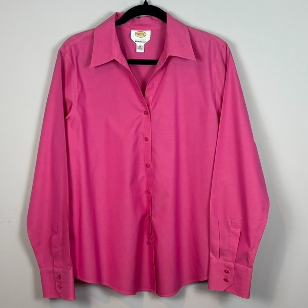 Talbots Womens Pink Wrinkle Resistant Button Down Shirt 14 100% Cotton Stretch‎